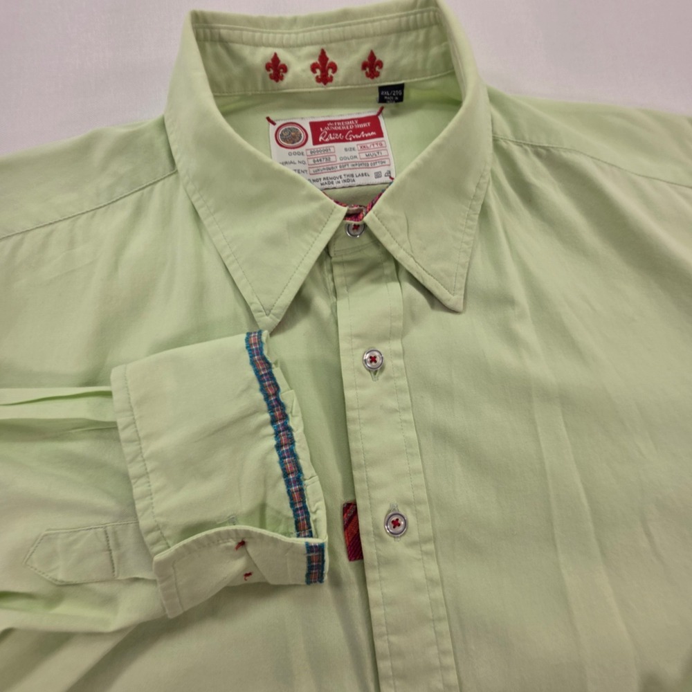 Robert Graham Mens XXL Freshly Laundered Shirt Lime Green Fleur-de-Lis Cotton